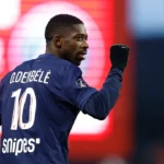 Ousmane Dembele merayakan gol bersama PSG di Liga Champions 2025