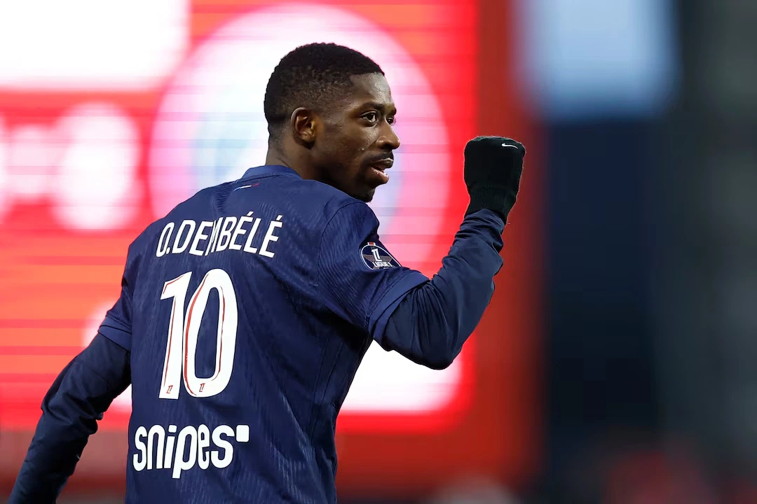 Ousmane Dembele merayakan gol bersama PSG di Liga Champions 2025